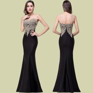 Babyonline Womens Lace Applique Black Formal Mermaid Evening Prom Dress Size M